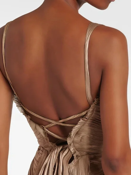 NWT Miss Rosier Nicoletta Gold Glossy Pleated Corset Maxi Dress XS - Picture 4 of 4